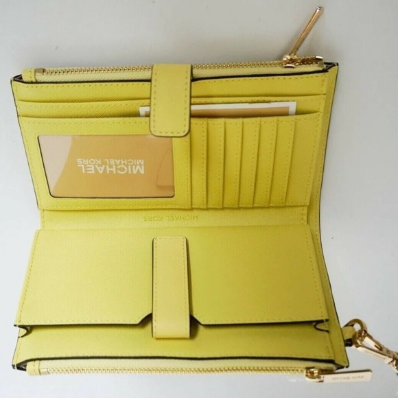 Michael Kors Jet Set Travel Lg Double Zip Wristlet Leather Wallet sunshine ⭐️ - Picture 4 of 11